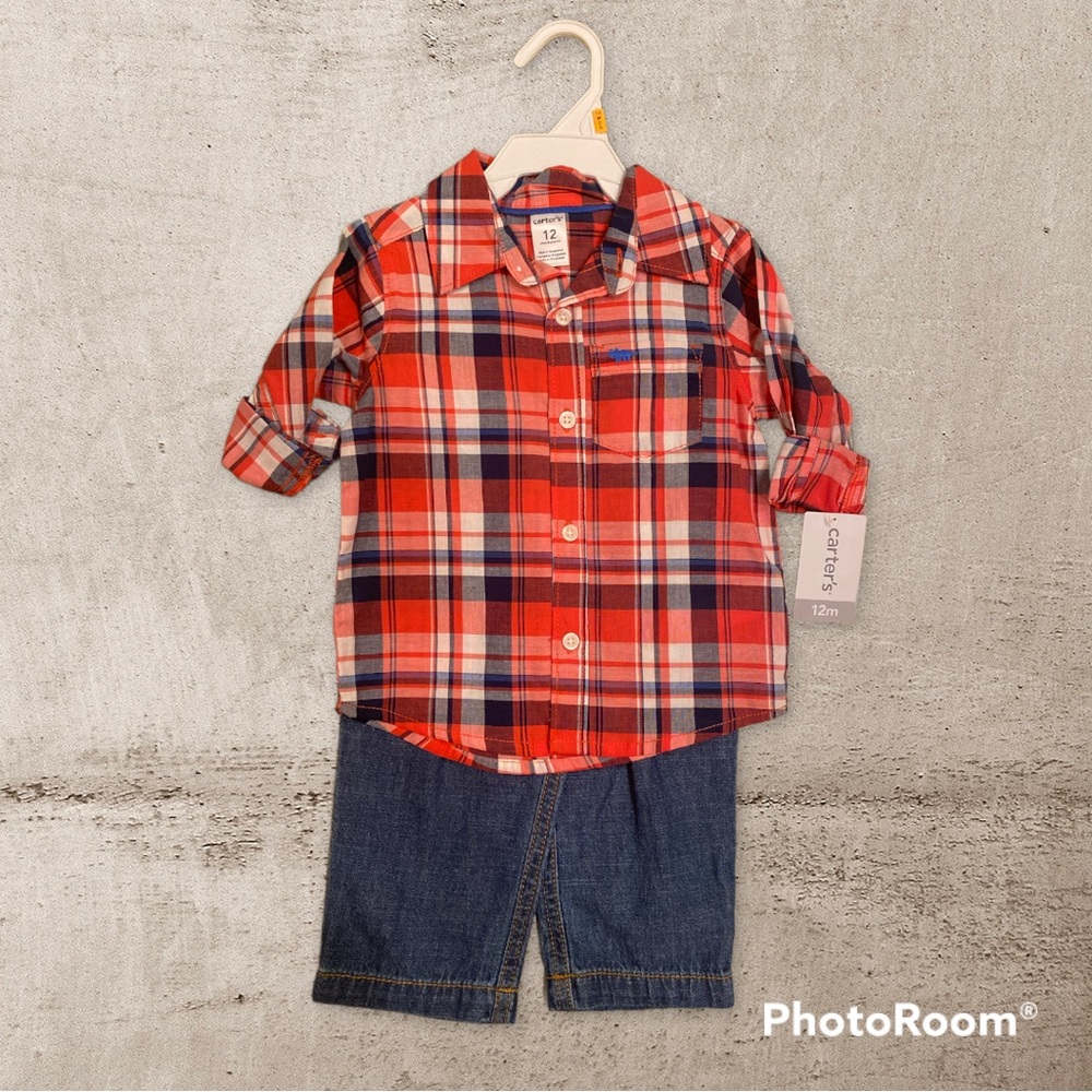 NWT Carter’s Plaid Button Down Shirt and Pull On Jeans Set 12 Months